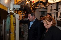 Senators Heidi Heitkamp and Joe Donnelly take a peek inside a launch facility trainer at Minot Air Force Base, N.D., Sep. 27, 2015. Heitkamp and Donnelly were given tours of the B-52H Stratofortress as well as a launch facility trainer to see what Minot Airmen’s work environments are like. (U.S. Air Force photo/Airman 1st Class Christian Sullivan)