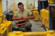 Senior Airman Ryan Brown, 91st Missile Maintenance Squadron periodic maintenance team technician, prepares a spool of wire for storage at Minot Air Force Base, N.D., Sept. 23, 2015. The PMT conducts periodic maintenance at launch facilities such as oil changes, lubricating motors and performing equipment check outs. (U.S. Air Force photo/Senior Airman Stephanie Morris)