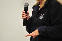LeAnn Hull speaks to Airmen from the 91st Missile Wing at Minot Air Force Base, N.D., Sept. 23, 2015. Hull shared the story of her son Andy who was lost to suicide when he was only 16 years old and offered advice on recognizing the signs of suicide in others. (U.S. Air Force photo/Senior Airman Stephanie Morris)