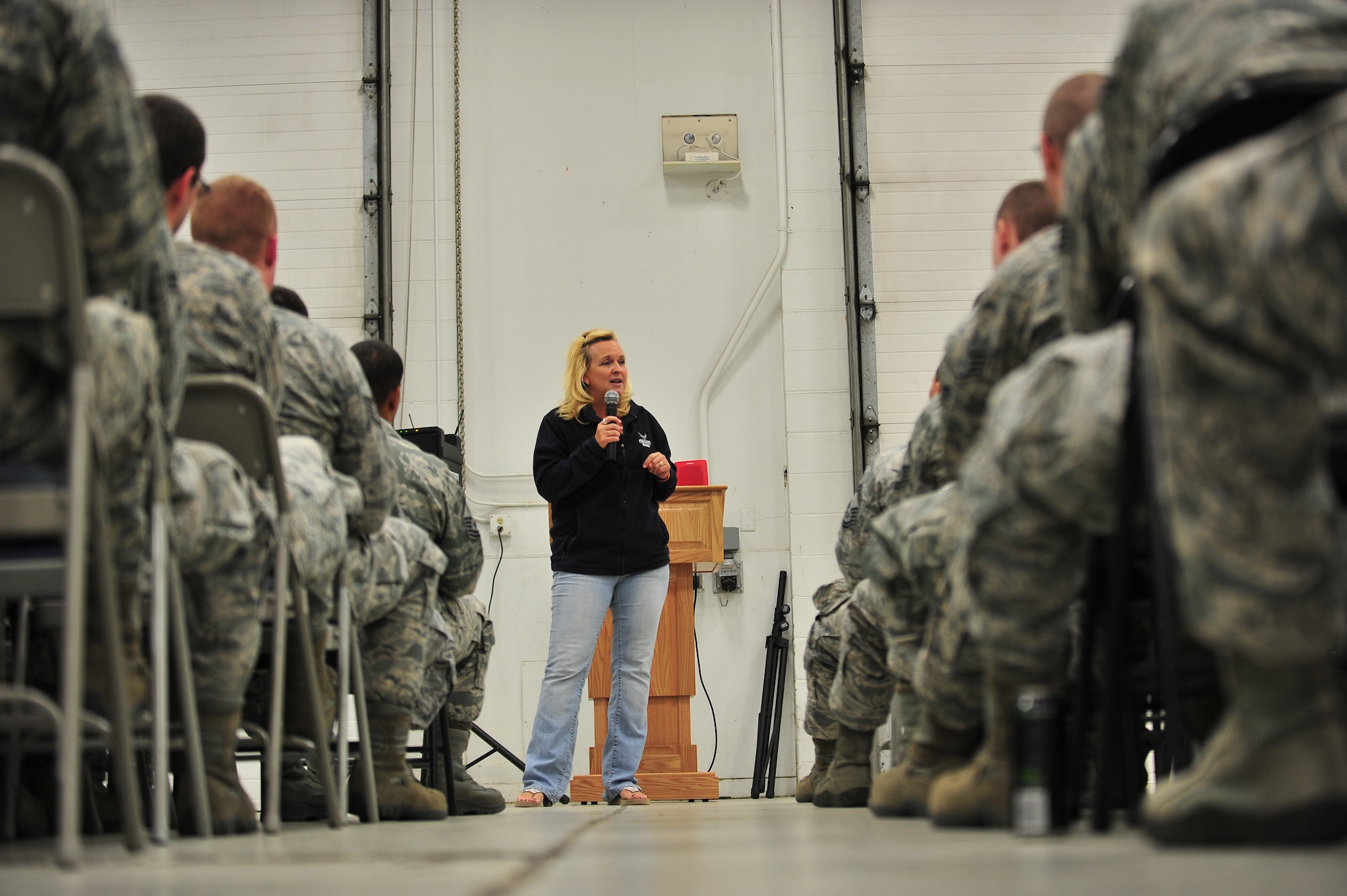 LeAnn Hull speaks to Airmen from the 91st Missile Wing at Minot Air Force Base, N.D., Sept. 23, 2015. Hull discussed her organization, the “Andy Hull’s Sunshine Foundation,” mission and focus of awareness, prevention and encouragement for those contemplating or impacted by suicide. (U.S. Air Force photo/Senior Airman Stephanie Morris)