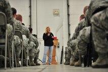 LeAnn Hull speaks to Airmen from the 91st Missile Wing at Minot Air Force Base, N.D., Sept. 23, 2015. Hull discussed her organization, the “Andy Hull’s Sunshine Foundation,” mission and focus of awareness, prevention and encouragement for those contemplating or impacted by suicide. (U.S. Air Force photo/Senior Airman Stephanie Morris)