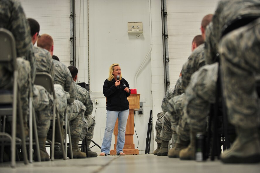 LeAnn Hull speaks to Airmen from the 91st Missile Wing at Minot Air Force Base, N.D., Sept. 23, 2015. Hull discussed her organization, the “Andy Hull’s Sunshine Foundation,” mission and focus of awareness, prevention and encouragement for those contemplating or impacted by suicide. (U.S. Air Force photo/Senior Airman Stephanie Morris)