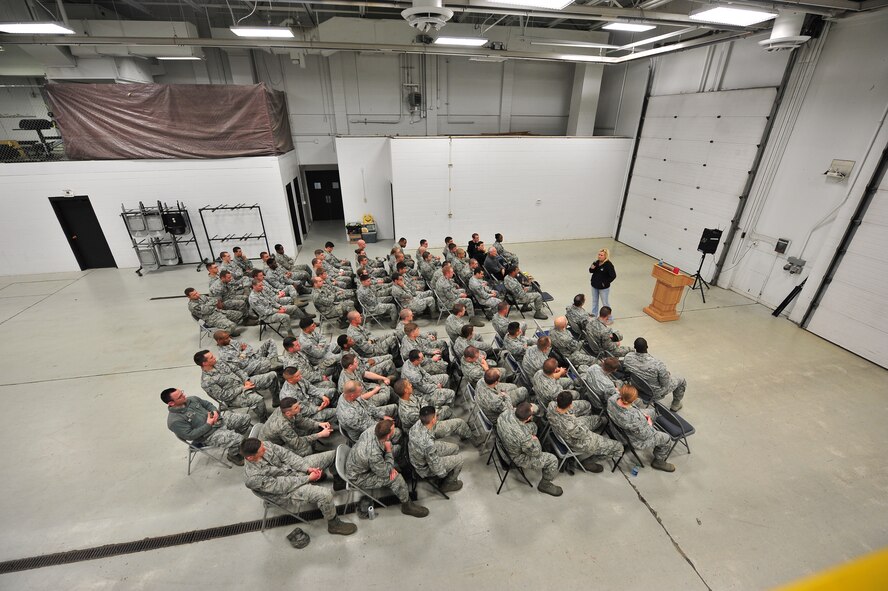 LeAnn Hull speaks to Airmen from the 91st Missile Wing at Minot Air Force Base, N.D., Sept. 23, 2015. Hull discussed her organization, the “Andy Hull’s Sunshine Foundation,” mission and focus of awareness, prevention and encouragement for those contemplating or impacted by suicide. (U.S. Air Force photo/Senior Airman Stephanie Morris)