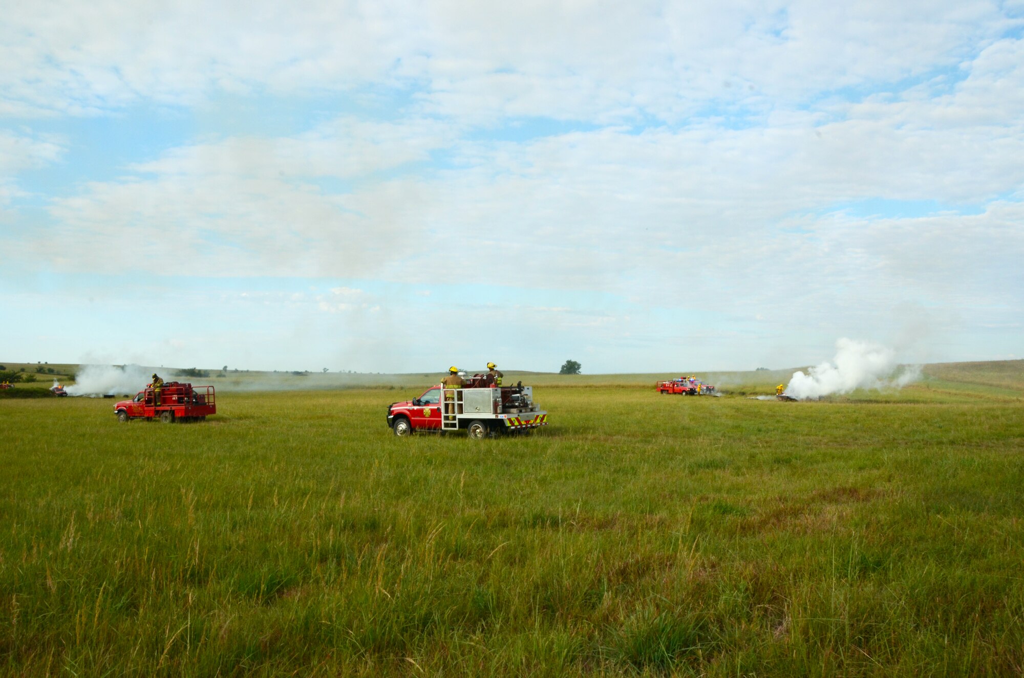 Saline County Emergency Management officials notified local fire and rescue districts that an Air Force plane crashed at Smoky Hill Weapons Range at approximately 8 a.m. Sept. 12. Several districts arrived on scene shortly after the call and found simulated plane parts scattered around the crash site. The flames were quickly extinguished. (Photo by Senior Airman Lauren Penney, 184th Public Affairs)