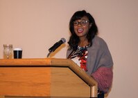 Tatyana Ali, actress, speaks to Airmen at the Jimmy Doolittle Center at Minot Air Force Base, N.D, September 21, 2015. Ali is a Harvard graduate and spoke to Airmen about her own struggles to reach goals, including her struggle with depression in college. (U.S. Air Force photo/Airman 1st Class Justin T. Armstrong)