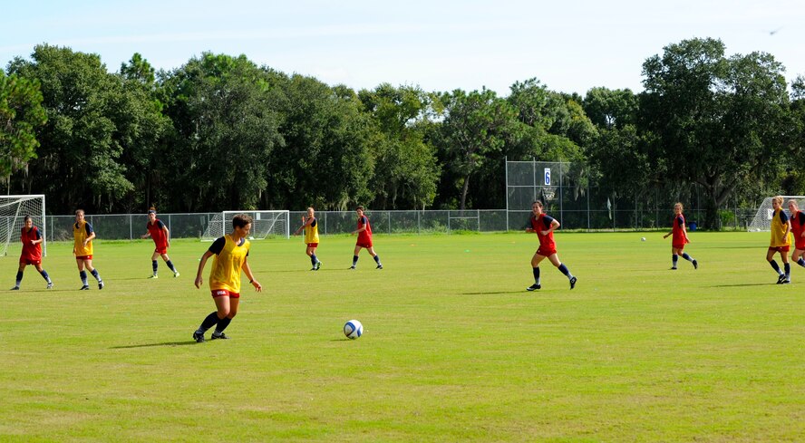 Staff Sgt. Jackie Kvilhaug, 45th Aeromedical Evacuation Squadron, aeromedical evacuation technician, along with 37 other athletes took to the fields at the Haley Sport Complex, Brandon, Florida, to demonstrate they have what it takes to be one of the 22 members of the 2015 Women’s U.S. Military World Cup Soccer Team. (U.S. Air Force photo/Tech. Sgt. Peter Dean)

