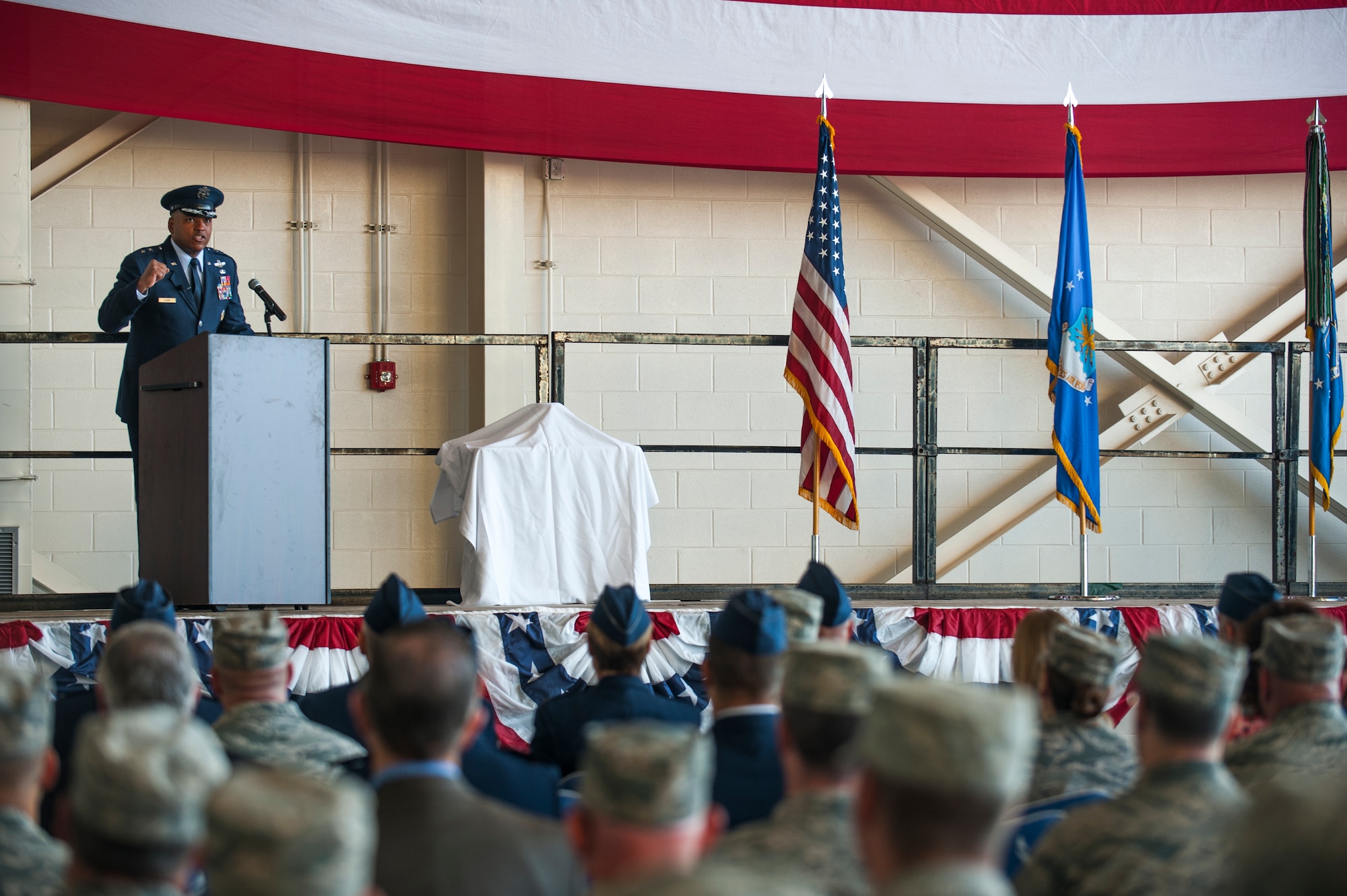 U.S. Air Force Maj. Gen. Richard M. Clark, 8th Air Force commander, addresses Airmen Sept. 28, 2015, at Dyess Air Force Base, Texas. Dyess’ transfer to Air Force Global Strike Command, involving a portion of the Air Force’s B-1B Lancer fleet, will provide the 8th Air Force a unified voice in controlling the Air Force’s entire bombing fleet. (U.S. Air Force photo by Airman Quay Drawdy/Released)