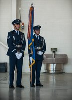 U.S. Air Force Staff Sgts. William Long, left, and Carl Mendoza, both members of the 7th Bomb Wing Honor Guard, wait to replace the 12th Air Force flag at the Air Force Global Strike Command transition ceremony Sept. 28, 2015, at Dyess Air Force Base, Texas. The transition to Global Strike Command, a command that provides secure and effective global strike operations, from Air Combat Command, which is primarily focused on direct combat and intelligence, is meant to create opportunities in training, tactics development, doctrine development, aircraft modernization, and acquisition. (U.S. Air Force photo by Airman Quay Drawdy/Released)