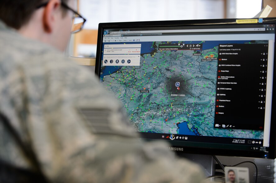 A 7th Weather Squadron Airmen looks at weather patterns near his location during a daily forecasting competition during Cadre Focus 2015 Sept. 17, 2015, at Grafenwohr Training Area, Germany. Approximately 30 Airmen attended Cadre Focus 2015 to sharpen their weather forecasting and Army combat skills. (U.S. Air Force photo/Staff Sgt. Armando A. Schwier-Morales)
