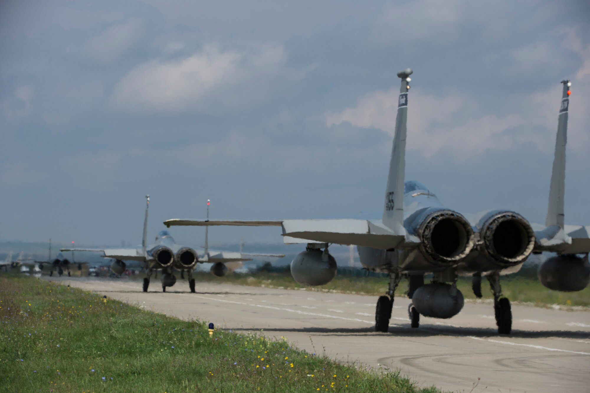 An F-15C Eagle fighter aircraft pilot assigned to the 123rd Expeditionary Fighter Squadron, 142nd Fighter Wing, Oregon Air National Guard, taxis during a theater security package deployment Sept. 25, 2015, at Campia Turzii, Romania. The U.S. and Romanian air forces conducted training aimed at strengthening interoperability and demonstrated the countries' shared commitment to the security and stability of Europe. (U.S. Air Force photo by Staff Sgt. Christopher Ruano/Released)