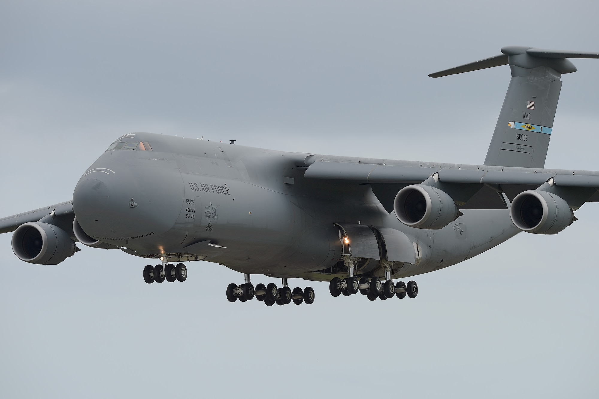 C-5M Super Galaxy, 85-0005, glides in on final approach to Dover Air Force Base, Del., during a training flight. The aircraft is the largest operational aircraft flown by the Air Force and is operated at Dover AFB by the 436th Airlift Wing's 9th Airlift Squadron (U.S. Air Force photo/Greg L. Davis)