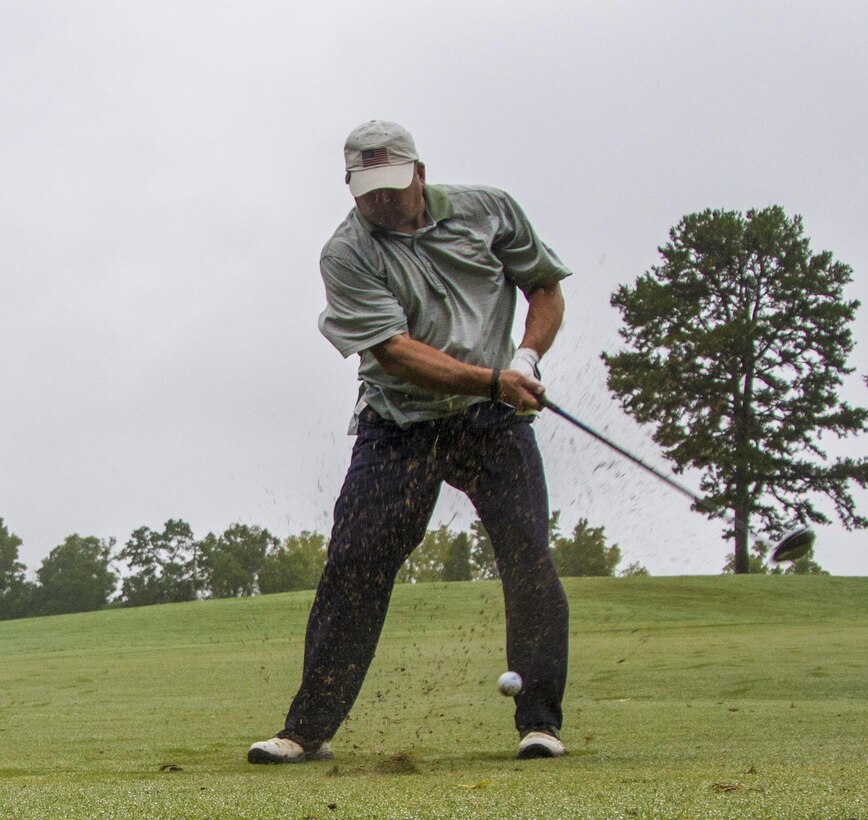 Capt. David Reid, 108th Training Command (IET) nurse, drives the ball down the fairway during the Griffon Association's 5th annual charity golf scramble held at Pine Island Country Club, Charlotte, N.C., Sept. 28, 2015.
Soldiers and family members, both past and present, got together on the course to help raise money for the Griffon Association's scholarship fund as well as veterans in need. (U.S. Army photo by Sgt. 1st Class Brian Hamilton)