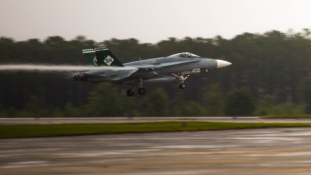 An F/A-18C Hornet lands aboard Marine Corps Air Station Beaufort, South Carolina, Sept. 24. VMFAT-101 brought 15 jets from Marine Corps Air Station Miramar, California, to train at MCAS Beaufort. The Hornet is with Marine Fighter Attack Training Squadron 101, Marine Aircraft Group 11.