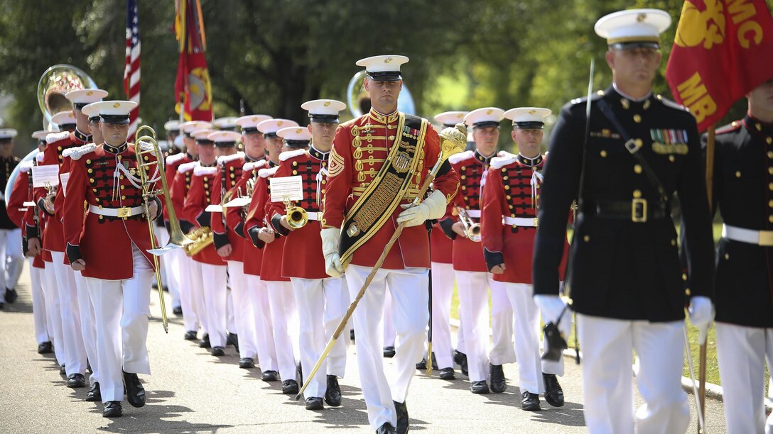 The U.S. Marine Drum & Bugle Corps leads the procession for 1st Lt. Alexander Bonnyman Jr. at Berry Highland Memorial Cemetery in Knoxville, Tenn., Sept. 27, 2015. Bonnyman joined Marine Forces Reserve in July 1942 and was killed during the battle of Tarawa in 1943. He was awarded the Medal of Honor for his heroic actions during the battle. Bonnyman’s remains were discovered in Tarawa 72 years after he was buried there. 