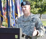 Col. Dennis McGowan addresses members of the 412th Contracting Support Brigade, guests and families during a change of command ceremony Sept. 23 at Fort Sam Houston. McGowan assumed command of the brigade from Col. Tim Strange, who will retire later this year.