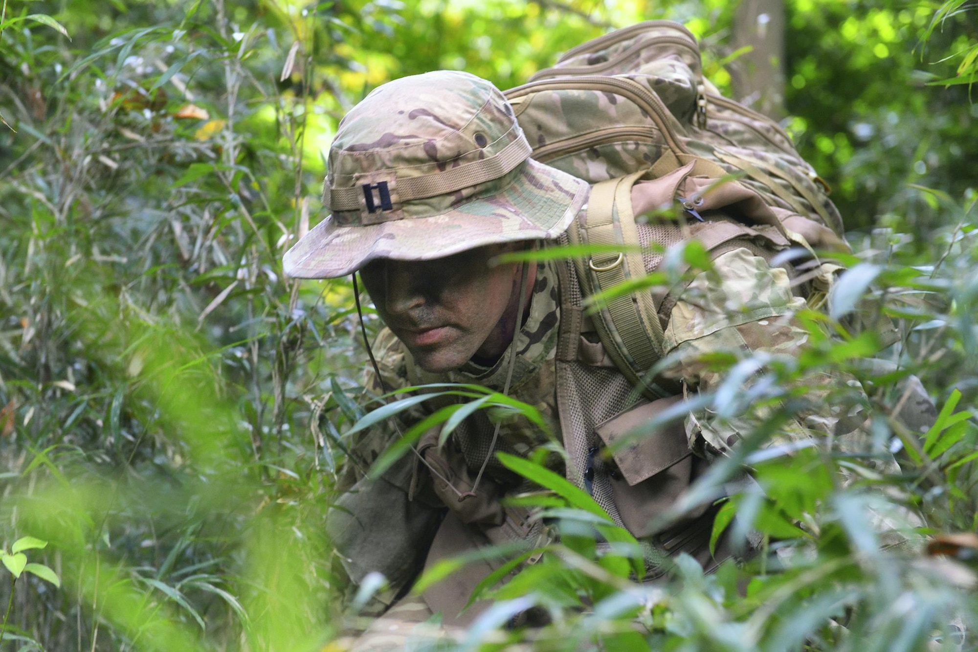 Capt. Michael Farrara, a 459th Airlift Squadron C-12 pilot, attempts to move quietly through the bamboo during a survival, evasion, resistance and escape combat survival training at Tama Hills Recreation Area, Japan, Sept. 22, 2015. Students are taught to move quietly to avoid capture. (U.S. Air Force photo/Airman 1st Class Elizabeth Baker)