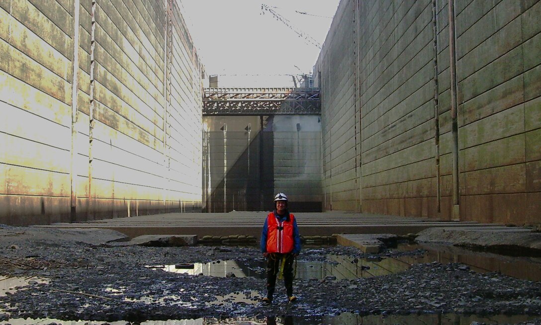 Thomas North, Senior Structural Engineer with the U.S. Army Corps of Engineers' Northwestern Division visited the navigation lock at The Dalles Dam for a routine inspection. The Dalles' navigation lock is one of the deepest in the world.