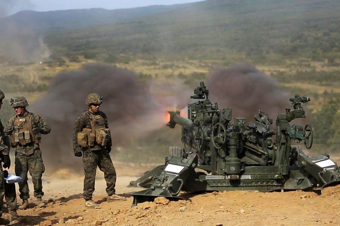 U.S. Marines fire a M777-A2 howitzer during a direct-fire exercise at Novo Selo Training Area, Bulgaria, Sept. 22, 2015. 