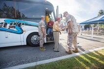 U.S. Marine Corps Maj. Gen. Daniel J. O'Donohue, Commanding General of 1st Marine Division, shakes hands with Navajo Code Talker Samuel T. Holiday during a visit to Marine Corps Base Camp Pendleton, Calif. Sept. 28, 2015. The Navajo code talkers took part in every assault the U.S. Marines conducted in the Pacific from 1942 to 1945. They served in all six Marine divisions, Marine Raider Battalions and Marine parachute units, transmitting messages by telephone and radio in their native language that enemy forces were never able to break. (U.S. Marine Corps photo by Lance Cpl. Adrianna R. Lincoln 1st Marine Division Combat Camera/Released)