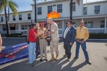 U.S. Marine Corps Maj. Gen. Daniel J. O'Donohue, Commanding General of 1st Marine Division, shakes hands with a member of the Navajo Nation during a visit to Marine Corps Base Camp Pendleton, Calif. Sept. 28, 2015. The Navajo code talkers took part in every assault the U.S. Marines conducted in the Pacific from 1942 to 1945. They served in all six Marine divisions, Marine Raider Battalions and Marine parachute units, transmitting messages by telephone and radio in their native language that enemy forces were never able to break. (U.S. Marine Corps photo by Lance Cpl. Adrianna R. Lincoln 1st Marine Division Combat Camera/ Released)