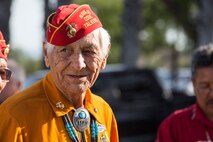 Navajo Code Talker Roy Hawthorn, a native of Lupton, Arizona,  speaks to a group of Marines during a visit to Marine Corps Base Camp Pendleton, Calif., Sept. 28, 2015. The Navajo code talkers took part in every assault the U.S. Marines conducted in the Pacific from 1942 to 1945. They served in all six Marine divisions, Marine Raider Battalions and Marine parachute units, transmitting messages by telephone and radio in their native language that enemy forces were never able to break. (U.S. Marine Corps photo by Lance Cpl. Adrianna R. Lincoln 1st Marine Division Combat Camera/ Released)