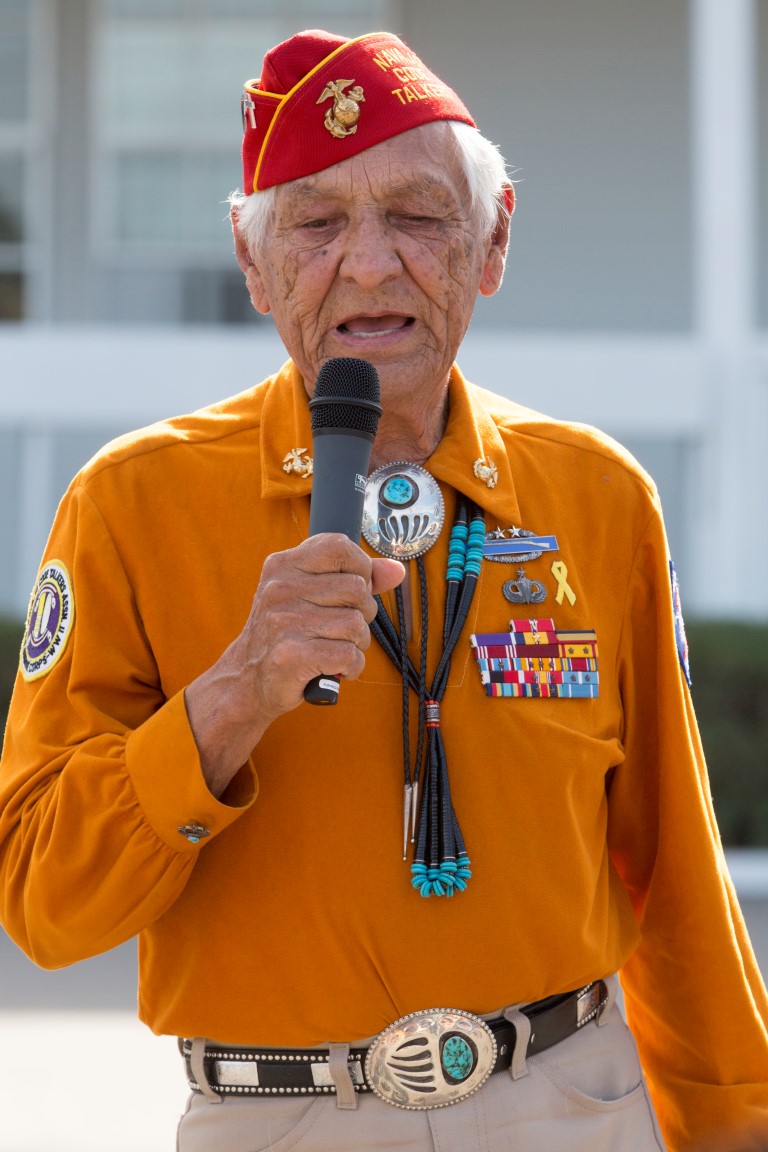 Navajo Code Talker Roy Hawthorn, a native of Lupton, Arizona, addresses the audience during a commemoration ceremony for the Navajo Code Talkers at Marine Corps Base Camp Pendleton, Calif., Sept. 28, 2015. The Navajo code talkers took part in every assault the U.S. Marines conducted in the Pacific from 1942 to 1945. They served in all six Marine divisions, Marine Raider Battalions and Marine parachute units, transmitting messages by telephone and radio in their native language that enemy forces were never able to break. (U.S. Marine Corps photo by Lance Cpl. Adrianna R. Lincoln 1st Marine Division Combat Camera/ Released)