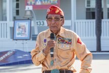 Navajo Code Talker Samuel T. Holiday, a native of Kayenta, Ariz., addresses the audience during a commemoration ceremony for the Navajo Code Talkers at Marine Corps Base Camp Pendleton, Calif., Sept. 28, 2015. The Navajo code talkers took part in every assault the U.S. Marines conducted in the Pacific from 1942 to 1945. They served in all six Marine divisions, Marine Raider Battalions and Marine parachute units, transmitting messages by telephone and radio in their native language that enemy forces were never able to break. (U.S. Marine Corps photo by Lance Cpl. Adrianna R. Lincoln 1st Marine Division Combat Camera/ Released)