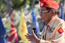 Navajo Code Talker Samuel T. Holiday, a native of Kayenta, Ariz., addresses the audience during a commemoration ceremony for the Navajo Code Talkers at Marine Corps Base Camp Pendleton, Calif., Sept. 28, 2015. The Navajo code talkers took part in every assault the U.S. Marines conducted in the Pacific from 1942 to 1945. They served in all six Marine divisions, Marine Raider Battalions and Marine parachute units, transmitting messages by telephone and radio in their native language that enemy forces were never able to break. (U.S. Marine Corps photo by Lance Cpl. Adrianna R. Lincoln 1st Marine Division Combat Camera/ Released)