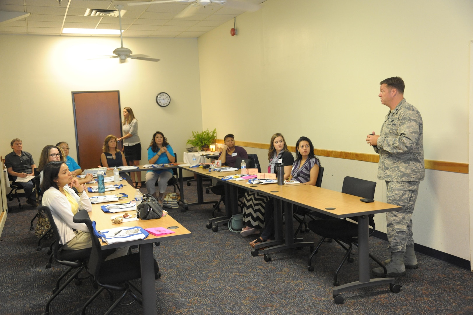 Lt. Col. Jason Campbell, 502nd Security Forces and Logistics Support Group deputy commander, briefs Air Force spouses on the 502nd SFLSG mission during a Heart Link briefing Sept. 10 at Joint Base San Antonio-Randolph. 


