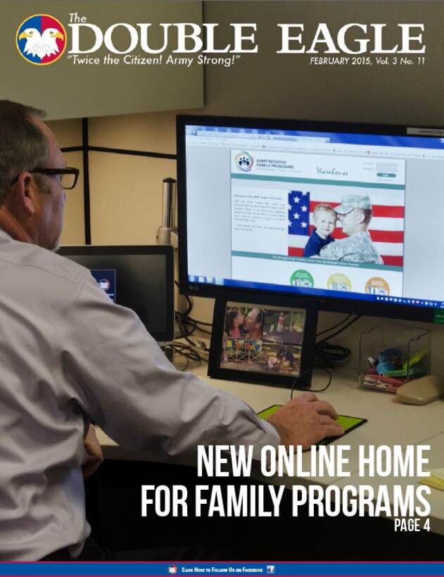 COVER STORY: Matthew Wilson, Army Reserve Family Programs executive officer, checks the new interactive AFRP website in his office at U.S. Army Reserve Command headquarters Jan, 26, 2015. The new site includes several new features that makes the site a user friendly tool for Soldiers and families. (Photo by Brian Godette/U.S. Army Reserve Command)