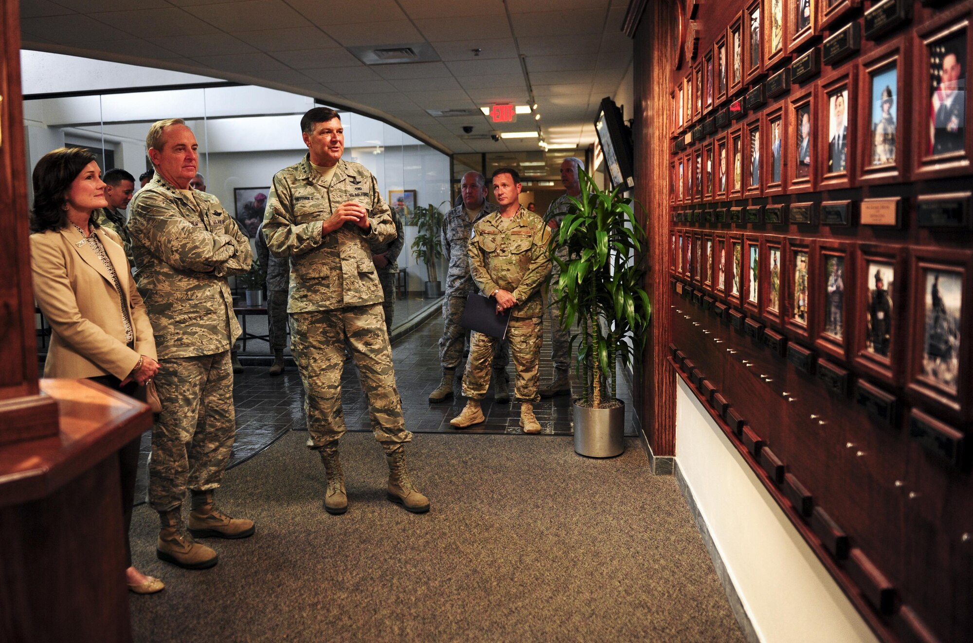 Lt. Gen. Bradley Heithold, Air Force Special Operations Command commander, speaks with Air Force Chief of Staff Gen Mark A. Welsh III about Air Force Cross and Silver Star recipients, and fallen Air Commandos during a tour on Hurlburt Field, Fla., Sept. 29, 2015. (U.S. Air Force photo by Senior Airman Meagan Schutter)