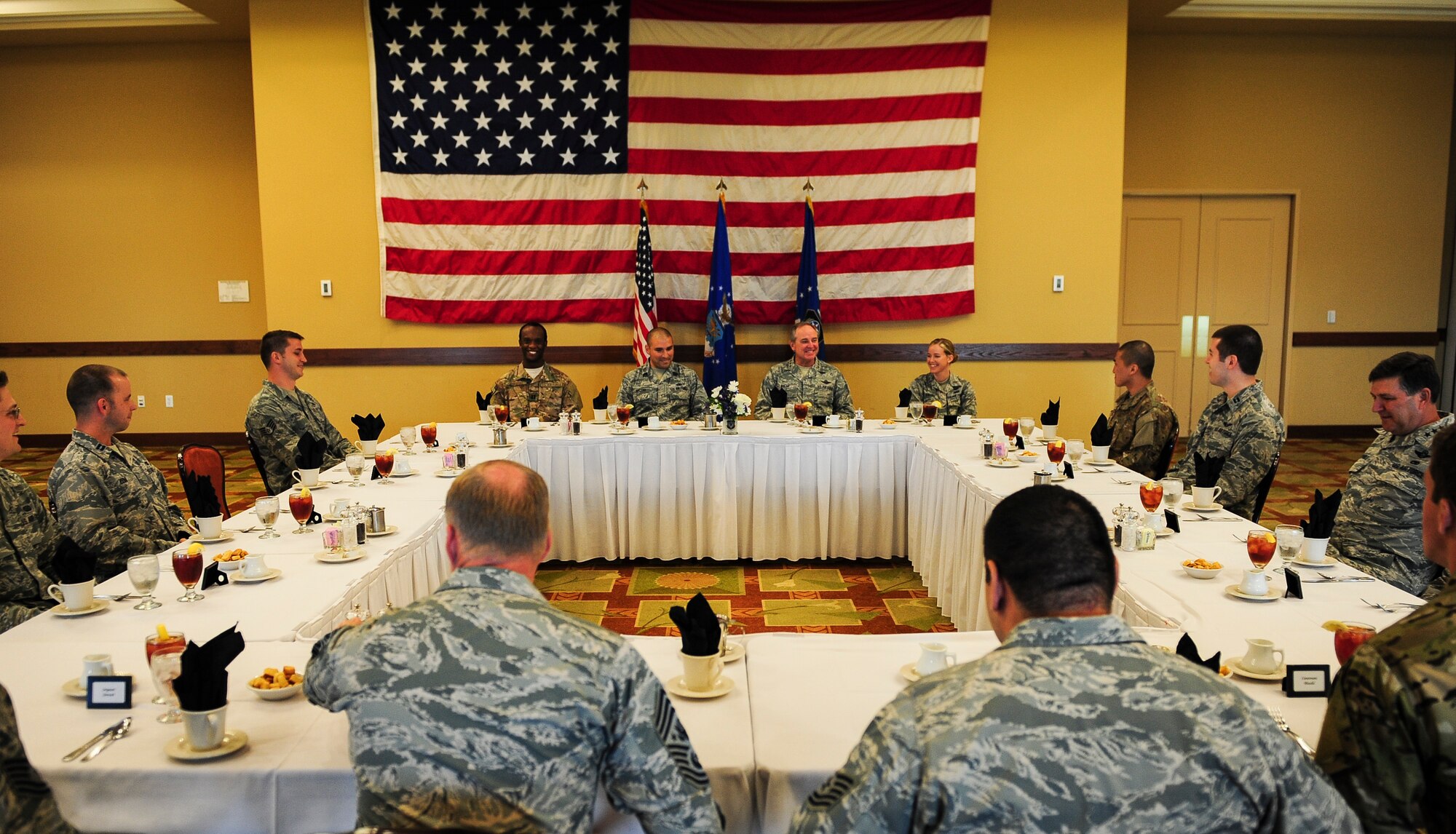 Air Force Chief of Staff Gen. Mark A. Welsh III and Chief Master Sgt. James A. Cody attend a lunch with company grade officers and NCOs at the Soundside on Hurlburt Field, Fla., Sept. 29, 2015. (U.S. Air Force photo by Senior Airman Meagan Schutter)