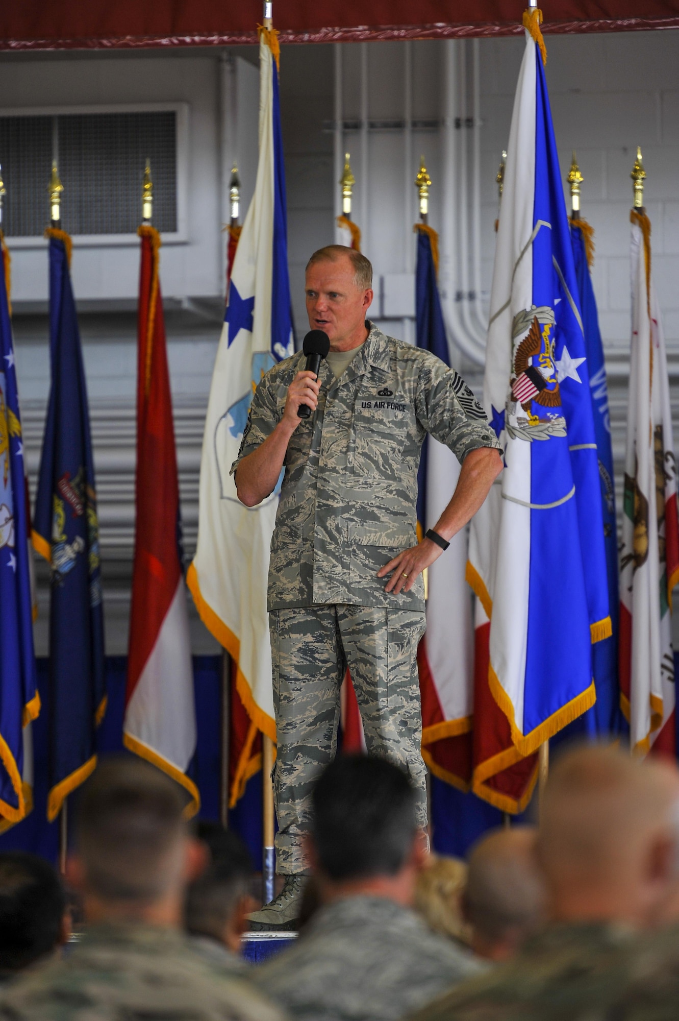 Chief Master Sgt. of the Air Force James A. Cody speaks to Airmen during an all call at Freedom Hangar on Hurlburt Field, Fla., Sept. 30, 2015. (U.S. Air Force photo by Airman Kai White)