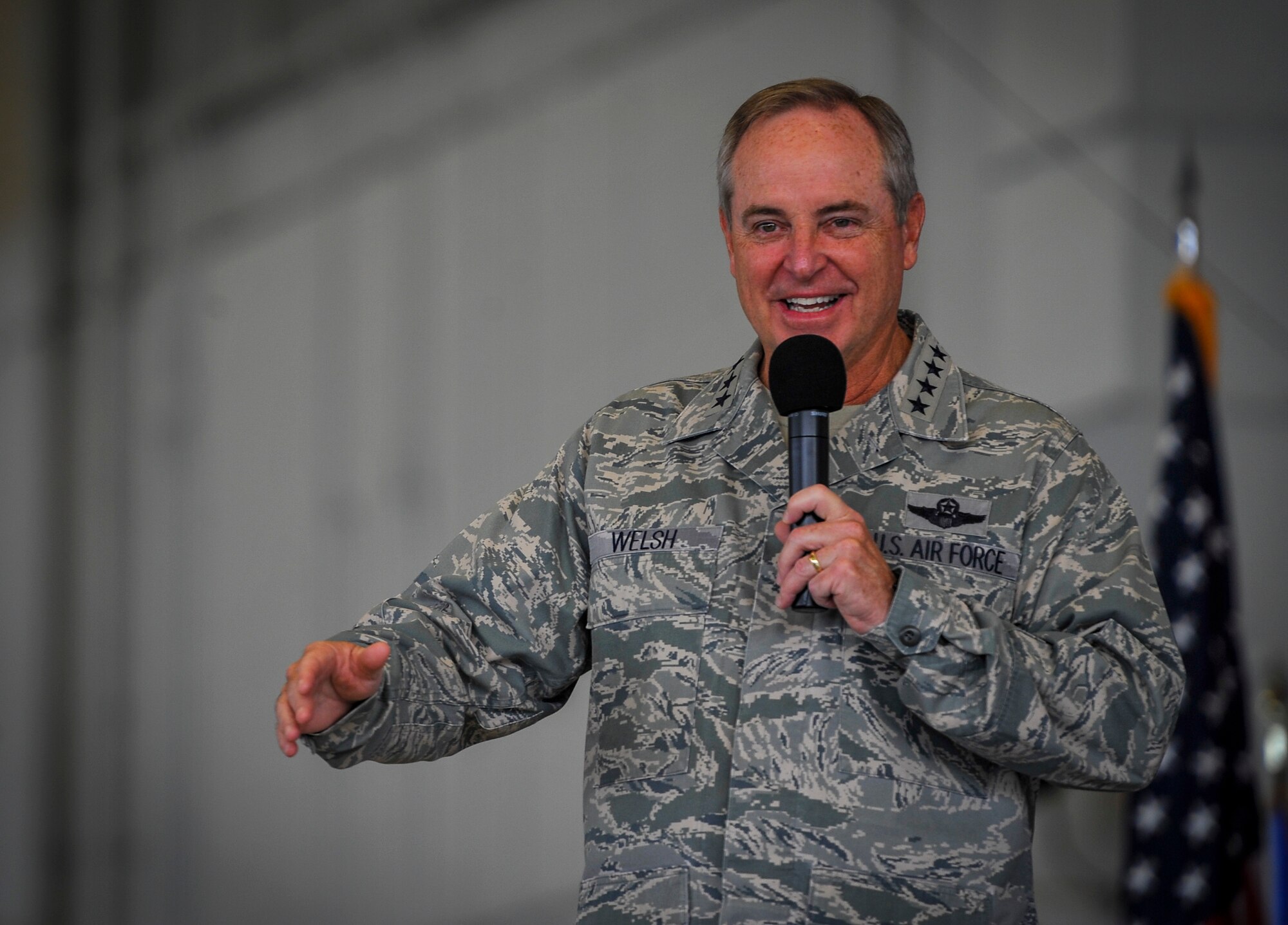 Air Force Chief of Staff Gen. Mark A. Welsh III speaks to Airmen during an all call at Freedom Hangar on Hurlburt Field, Fla., Sept. 30, 2015. (U.S. Air Force photo by Airman Kai White)