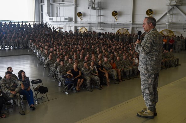 Air Force Chief of Staff Gen. Mark A. Welsh III speaks to Airmen during an all call at Freedom Hangar on Hurlburt Field, Fla., Sept. 30, 2015. Welsh and Chief Master Sgt. of the Air Force James A. Cody visited Hurlburt Field, Fla., to talk to Air Commandos. Their visit also included several roundtable discussions and lunch with Airmen. (U.S. Air Force photo by Airman Kai White)