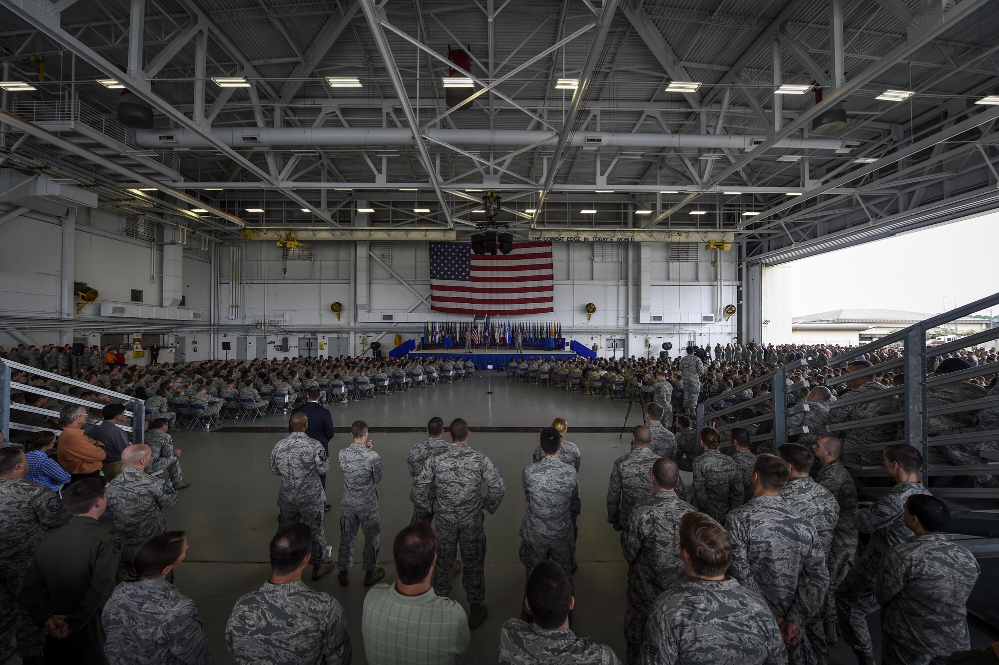 Air Force Chief of Staff Gen. Mark A. Welsh III and Chief Master Sgt. of the Air Force James A. Cody speak to Airmen during an Airmen’s Call at Freedom Hangar on Hurlburt Field, Fla., Sept. 30, 2015. (U.S. Air Force photo by Airman Kai White)