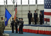 Honor Guardsmen from the 28th Bomb Wing present the colors during a B-1 realignment ceremony at Ellsworth Air Force Base, S.D., Sept. 28, 2015. The ceremony included commentaries from Maj. Gen. Richard Clark, Eighth Air Force commander, and Col. Gentry Boswell, 28th Bomb Wing commander, in regards to the transition bringing all bomber wings together under one command. (U.S. Air Force photo by Airman Sadie Colbert/Released)