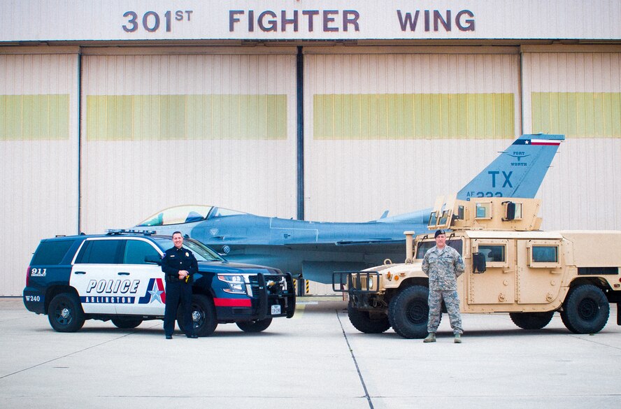 Senior Master Sgt. Kelly Velder, 301st Security Forces Squadron police officer at Naval Air Station Fort Worth Joint Reserve Base, Texas, shows off both sides of his work force in the military and civilian sector. Chosen as a finalist, SMSgt. Velder's nominated employer, Arlington, Texas, Police Department, vied for the 2015 Secretary of Defense's Employer Support Freedom Award. (U.S. Air Force graphic illustration by Master Sgt. Joshua Woods)