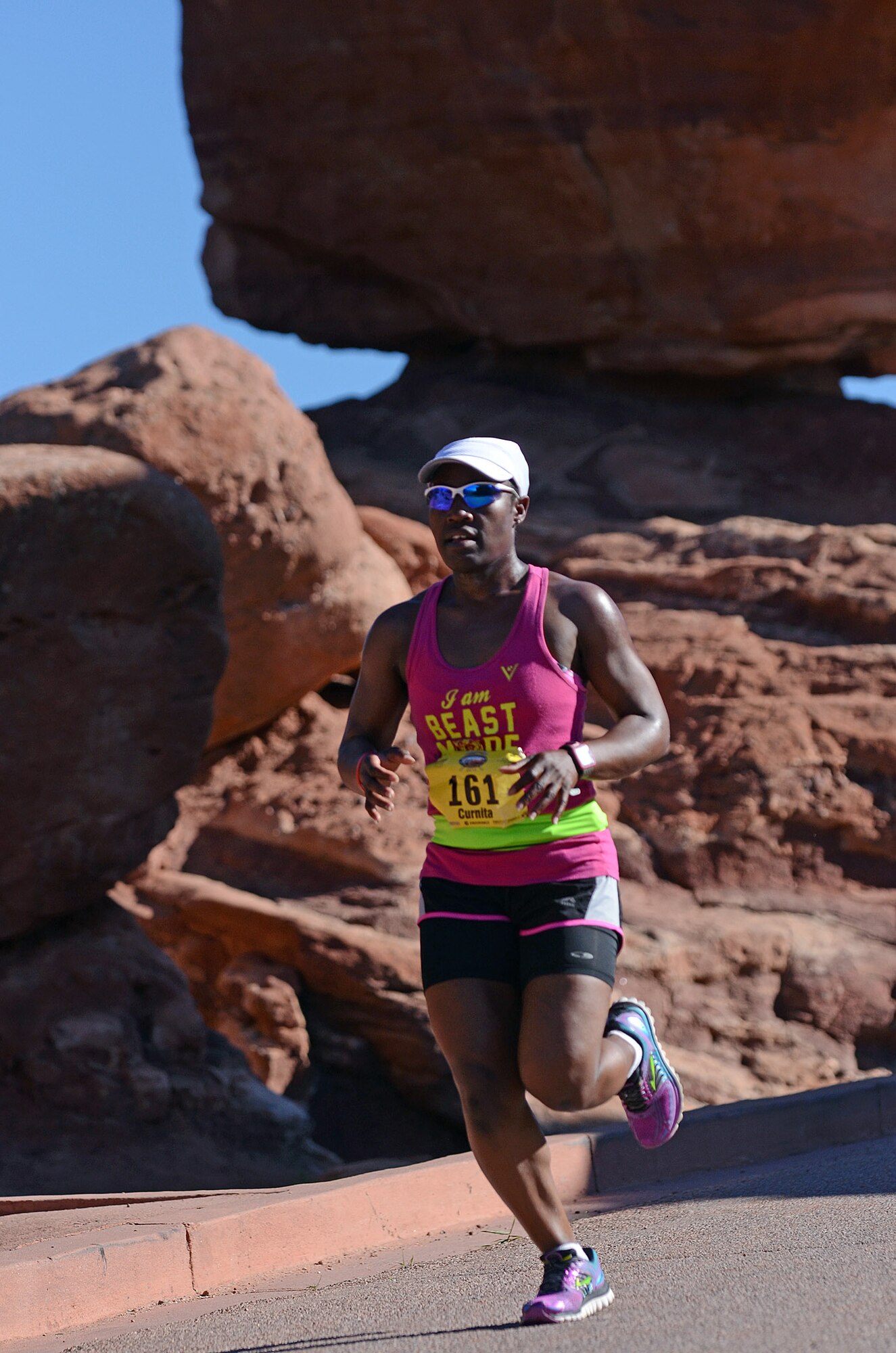 Tech. Sgt. Curnita Brisby, First-Term Airman Center NCO in charge, participates in a run. Brisby has competed in dozens of 5Ks and 10Ks since her enlistment in the military and has recently completed the Air Force Marathon. (Courtesy photo)