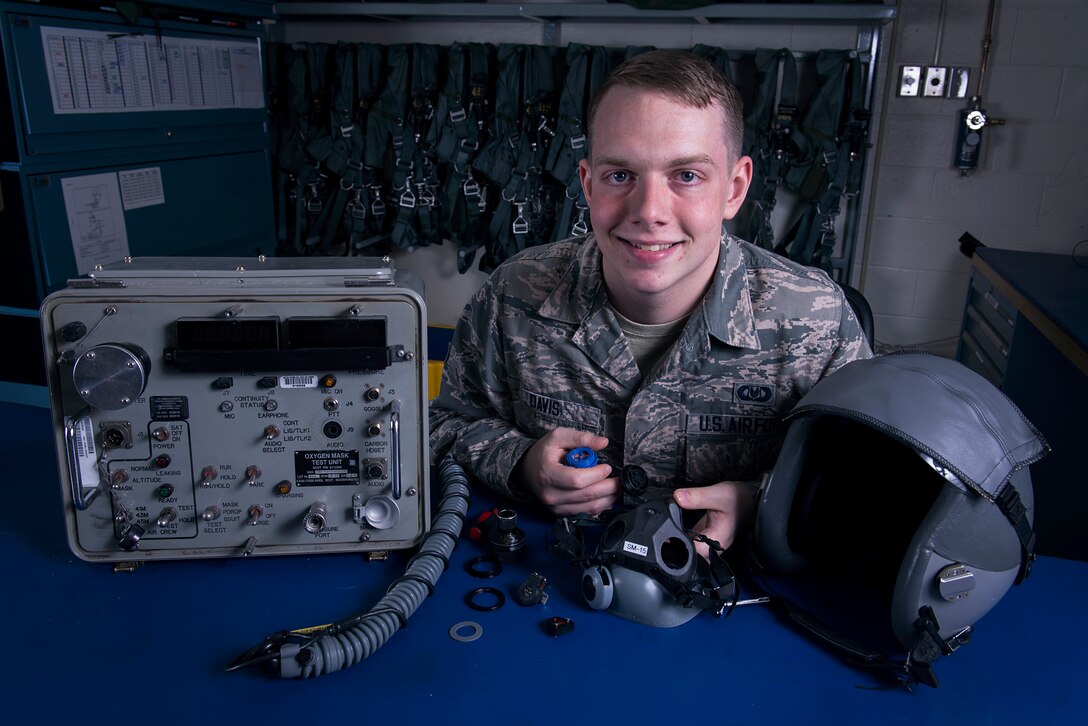 Senior Airman Joshua Davis, 80th Operations Support Squadron aircrew flight equipment journeyman and native of West Frankfort, Ill., has been in the Air Force for three and a half years and is the Support Airman of the Week at Sheppard Air Force Base, Texas, for Sept. 29-Oct. 5, 2015. Davis is responsible for maintaining equipment essential to aircraft pilot’s life support systems. (U.S. Air Force photo/Senior Airman Kyle Gese)