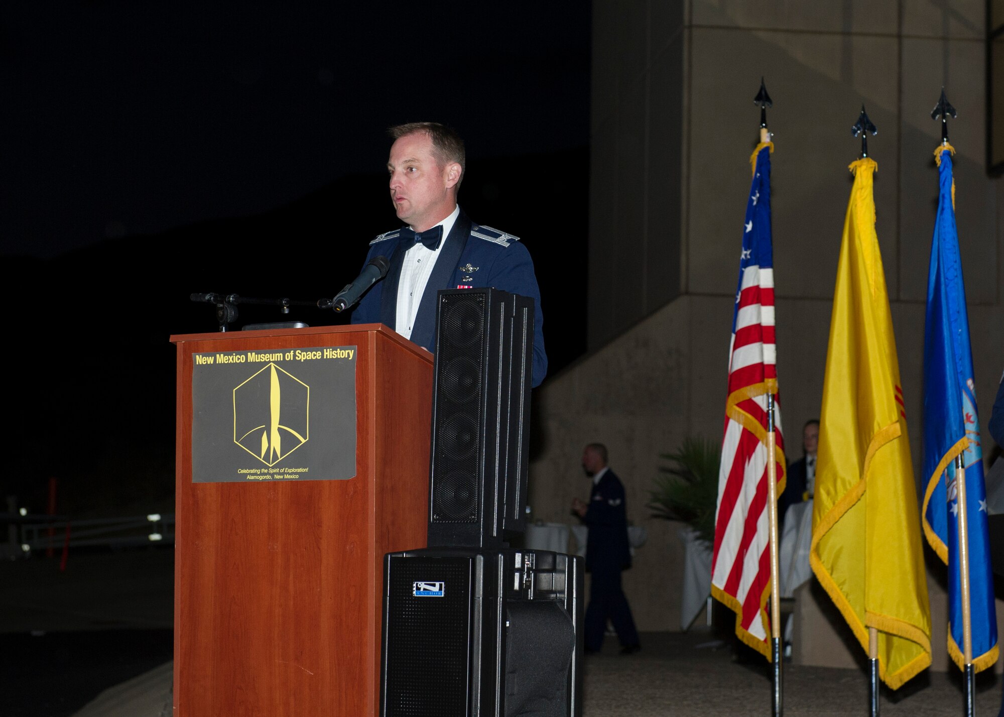 Colonel Robert Kiebler, the 49th Wing commander, speaks to attendees at the Air Force Ball on Sept. 25. This year’s ball was held at the New Mexico Museum of Space History in Alamogordo N.M. and included a presentation by the fifth Chief Master Sergeant of the Air Force, Robert Gaylor. 