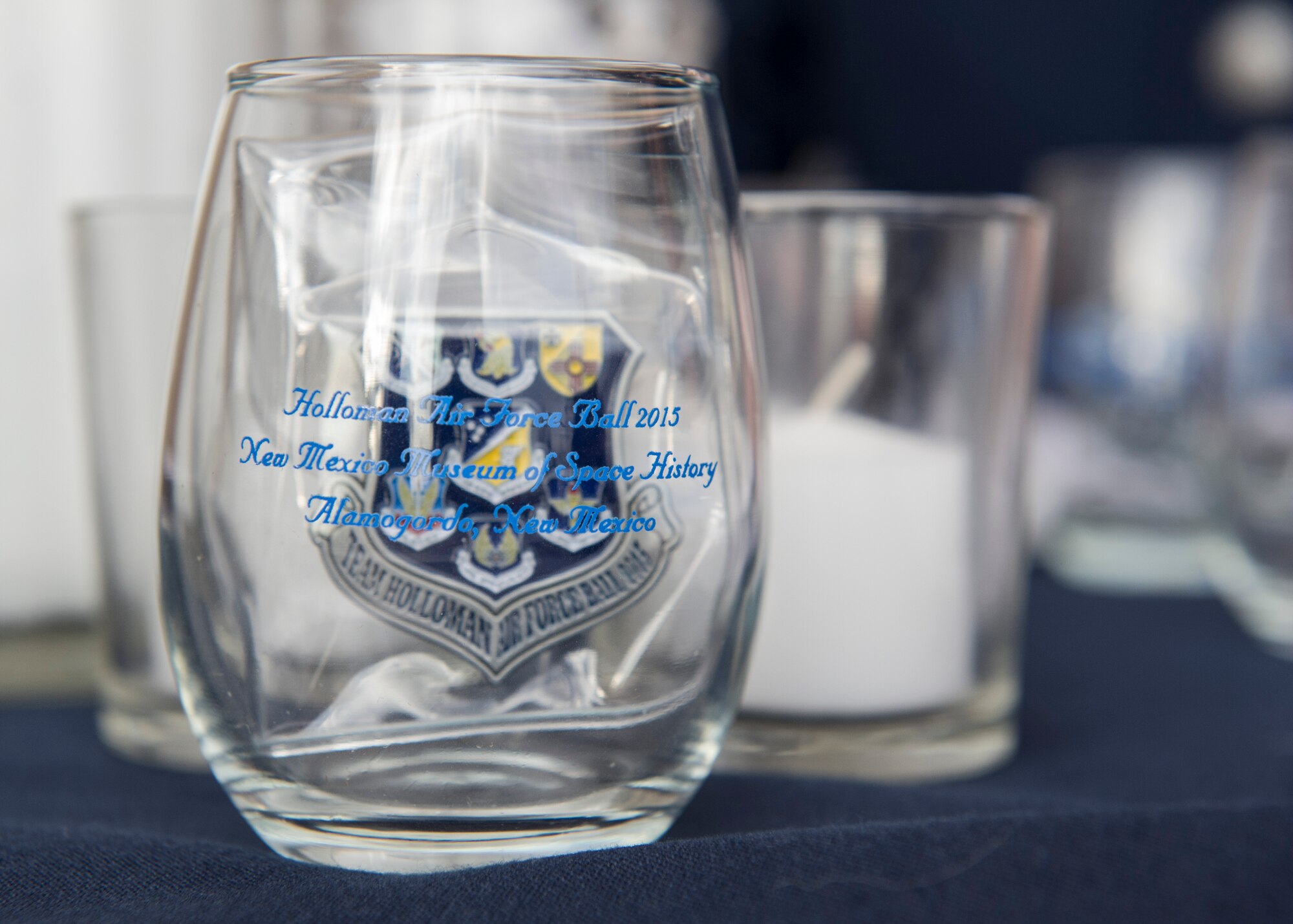 Tables at the 68th Air Force Ball are lined with souvenirs symbolizing the 68th anniversary of the Air Force becoming an independent service. The ball included a social hour and a presentation by the fifth Chief Master Sergeant of the Air Force, Robert Gaylor. 