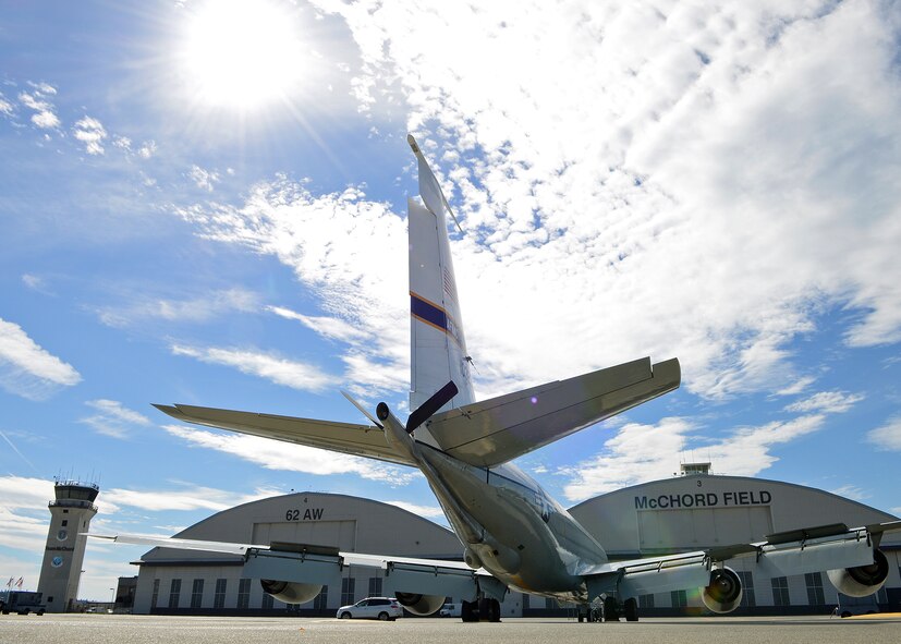 A KC-135 Stratotanker from Edwards Air Force Base, Calif., will intermittently fly out of Joint Base Lewis-McChord, Wash., in order to support KC-46 flight test operations throughout the next 11 to 15 months as part of the KC-46 Tanker Program. (U.S. Air Force photo/Jet Fabara) 
