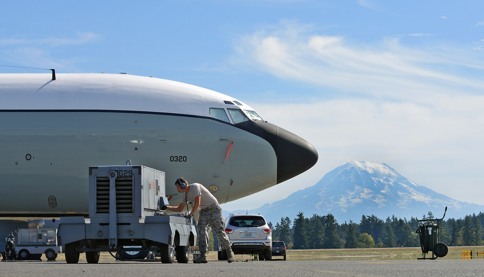 Tech Sgt. Joshua Scott, 912th Aircraft Maintenance Squadron avionics NCOIC, prepares to start a power cart for a KC-135 Stratotanker on Sept. 24, 2015 at Joint Base Lewis-McChord, Wash. The KC-135 was there to support the KC-46 Pegasus first flight and will be there for future testing of the KC-46 Tanker Program. (U.S. Air Force photo by Jet Fabara)