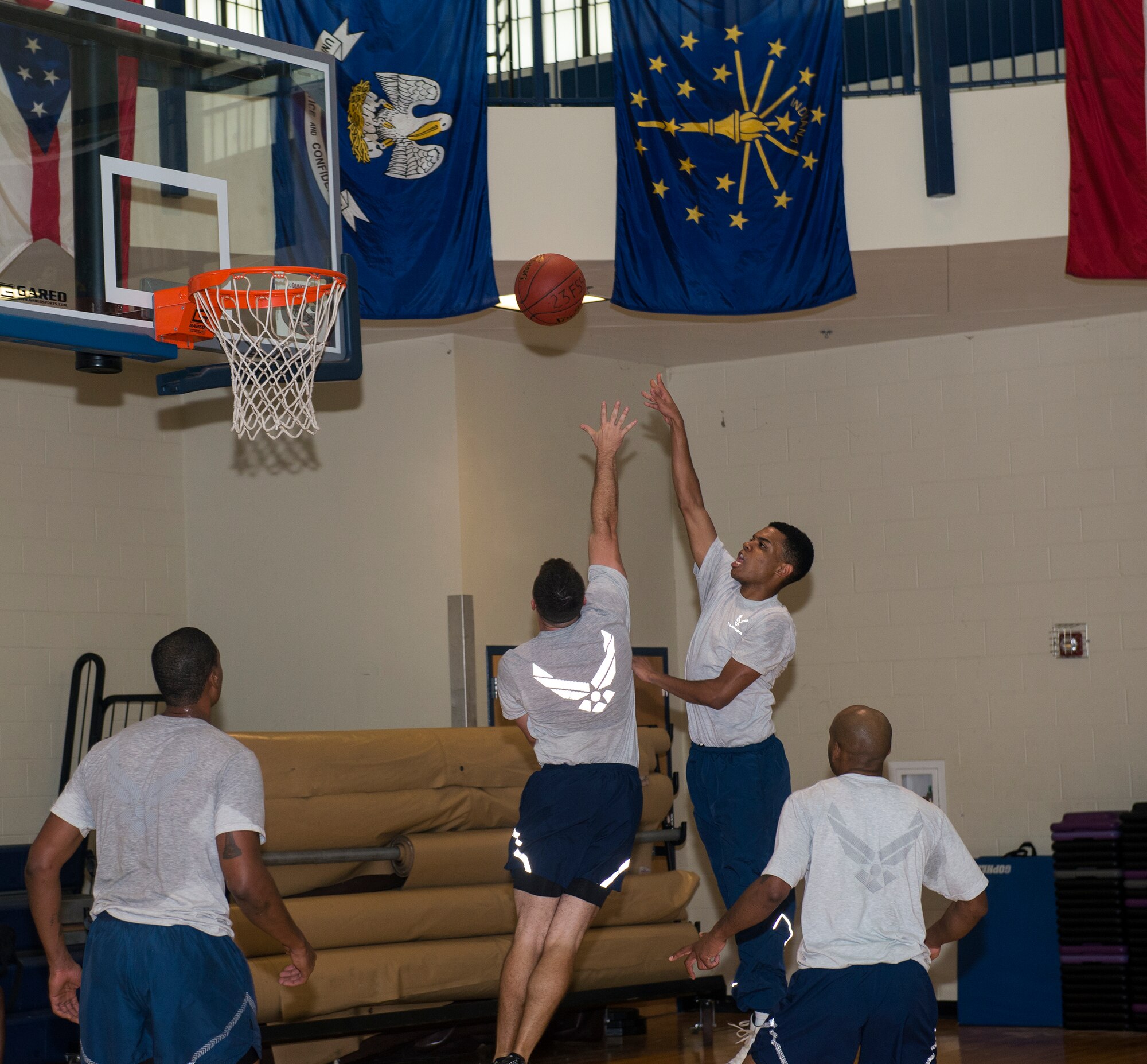 U.S. Air Force Airman 1st Class Jaylin Dinkins, 23d Component Maintenance Squadron fuel system repair journeyman, attempts a shot in a basketball tournament for Super Sports Day, Sept. 29, 2015, at Moody Air Force Base, Ga. The 23d CMS received second place honors to the 23d Security Forces Squadron. (U.S. Air Force photo by Airman 1st Class Greg Nash/Released) 