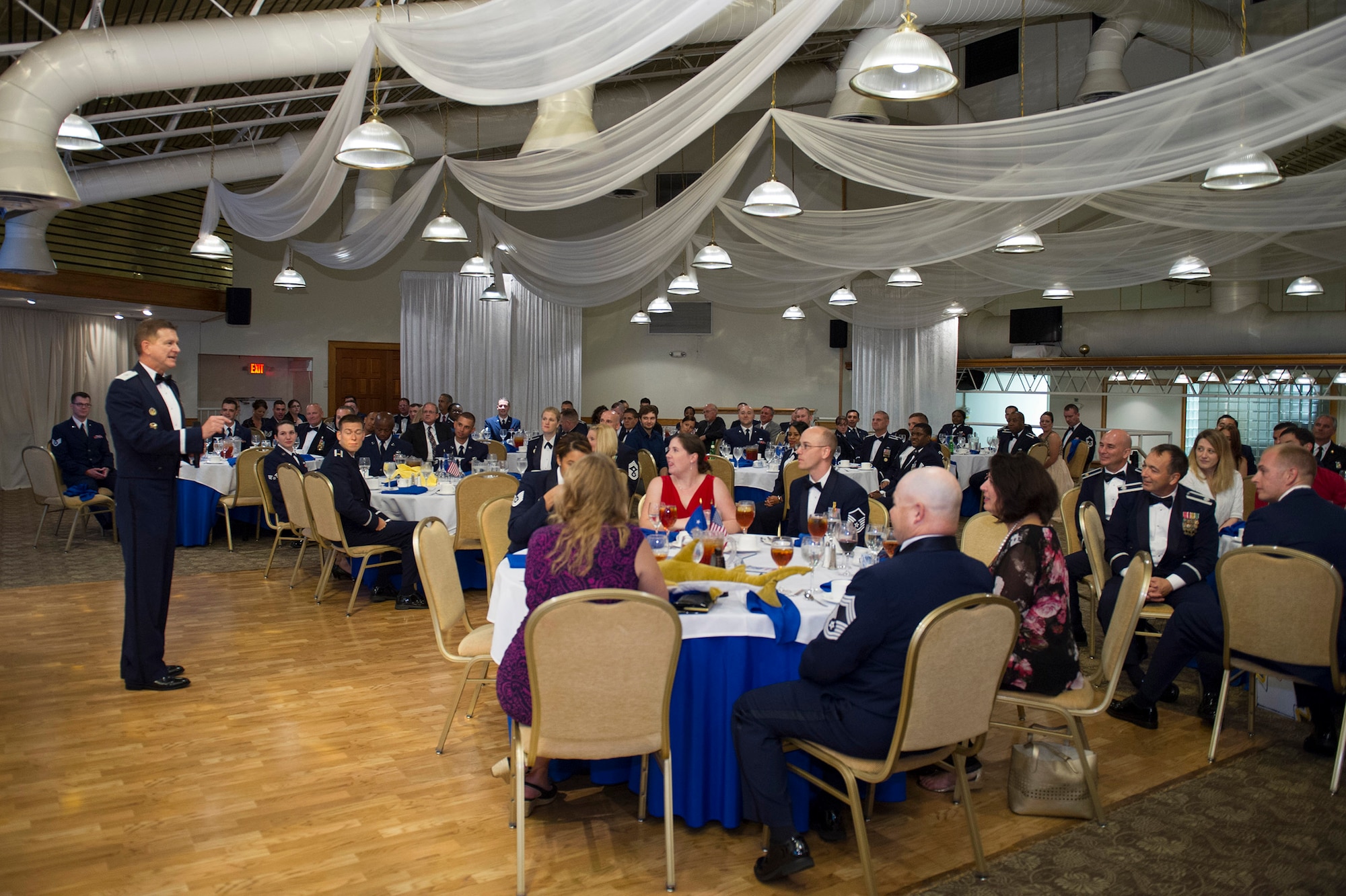 Brig. Gen. Wayne Monteith, 45th Space Wing commander, speaks during the Airman Leadership School, Class 15-5 graduation, Sept. 29, 2015, at the Tides Club at Patrick Air Force Base, Fla. Airman Leadership School is an Air Force educational program implemented at the base level that prepares senior airmen for positions of greater responsibility. (U.S. Air Force photo/Matthew Jurgens/Released) 
