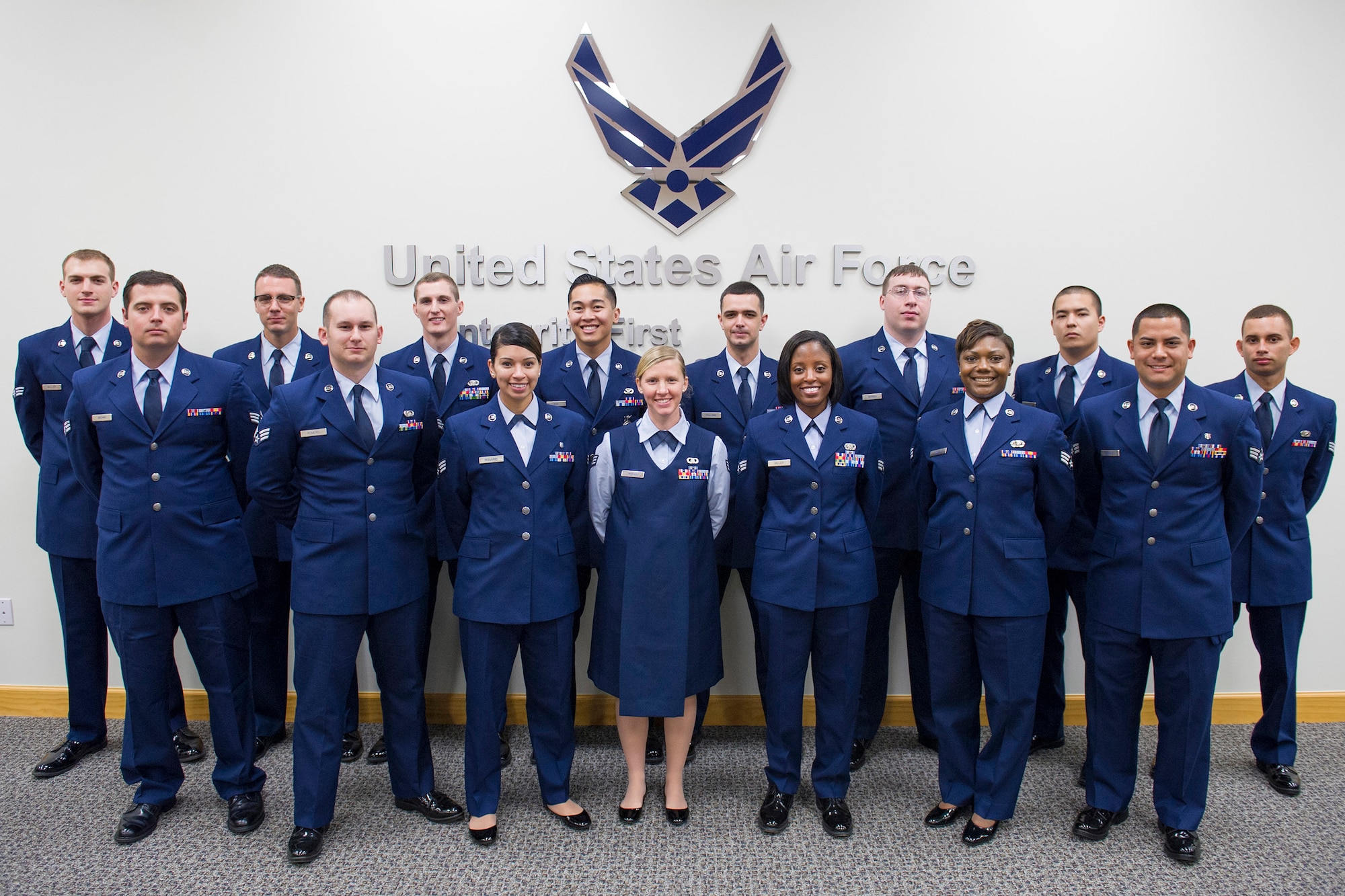 The Patrick Air Force Base Airman Leadership School, Class 15-5, pose for a class photo, Sept. 14, 2015, at Patrick Air Force Base, Fla. Airman Leadership School is an Air Force educational program implemented at the base level that prepares senior airmen for positions of greater responsibility. (U.S. Air Force photo/Matthew Jurgens/Released) 