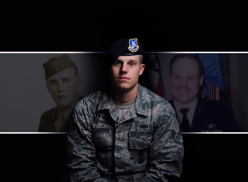 Airman 1st Class Cody Seiber, 509th Security Forces Squadron defender, recently arrived at Whiteman Air Force Base, Mo., as a third-generation Airman and a second-generation member of the 509th family. Cody’s grandfather, Robert Seiber, and father, David Seiber, also served in the Air Force. (U.S. Air Force photo illustration by Airman 1st Class Jovan Banks/Released)