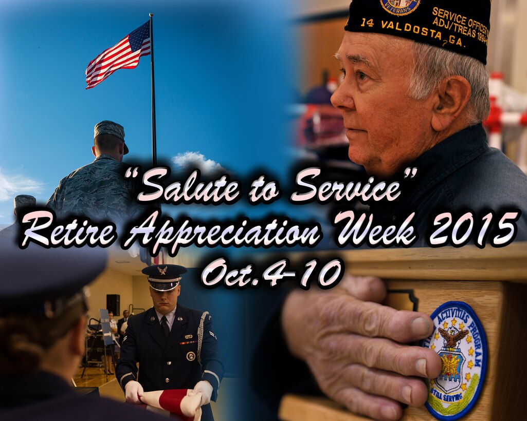 Moody Air Force Base, Ga. is scheduled to host Retiree Appreciation Week Oct. 4 to 10 to honor retired service members and show them that they are not forgotten. The week’s events will consist of a base tour, health and information fair, static displays, bingo and end with a golf tournament on Oct. 9, which is Retiree Appreciation Day. For more information on the week, contact the Retiree Affairs Office at 229-257-3209. (U.S. Air Force illustration by Senior Airman Olivia Dominique/Released)