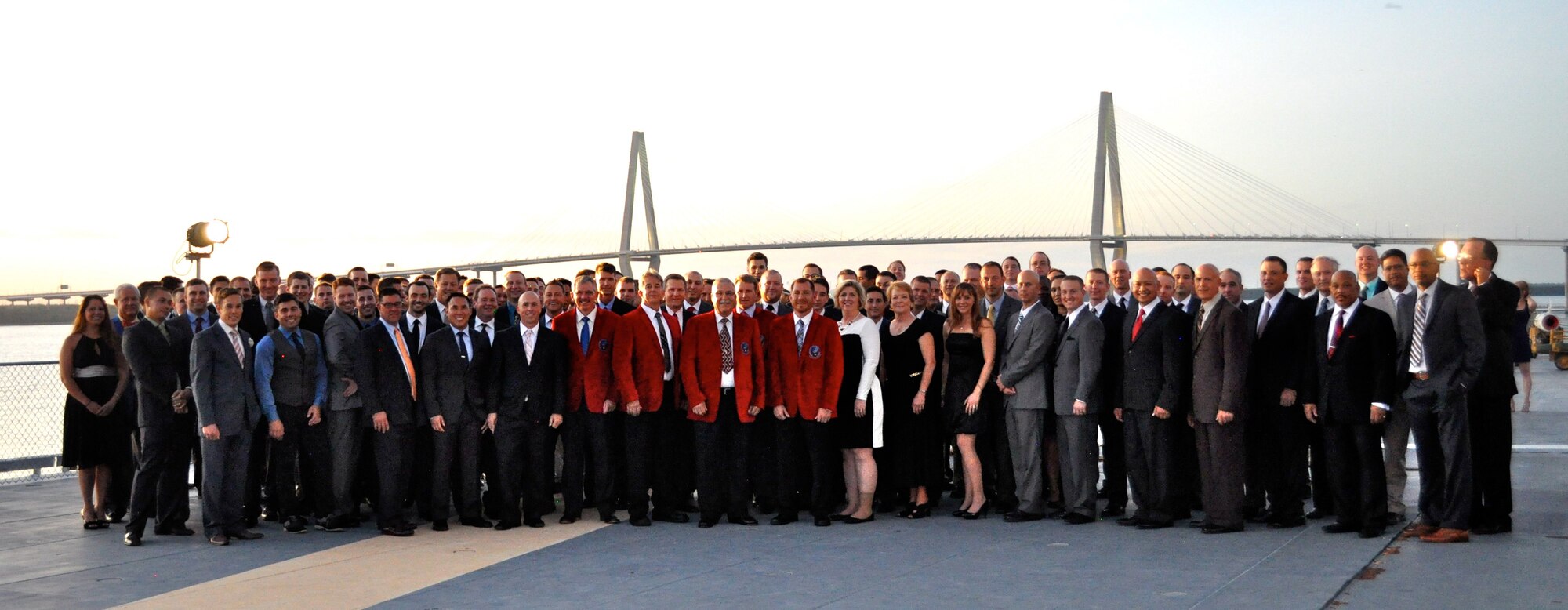 Members of the Global Eagles gather for a group photo during the Eagle Feather event on the USS Yorktown in Charleston, S.C., on Sept. 19, 2015. This year was the 15th Airlift Squadron’s 75th anniversary and part of the celebration was the induction of six new members to the Hall of Fame.
